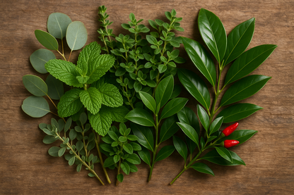 imagen con hierbas como eucalipto, menta, alcanfor, oregano y malagueta